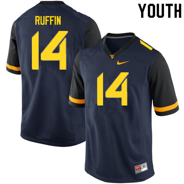 Youth #14 Malachi Ruffin West Virginia Mountaineers College Football Jerseys Sale-Navy - Click Image to Close